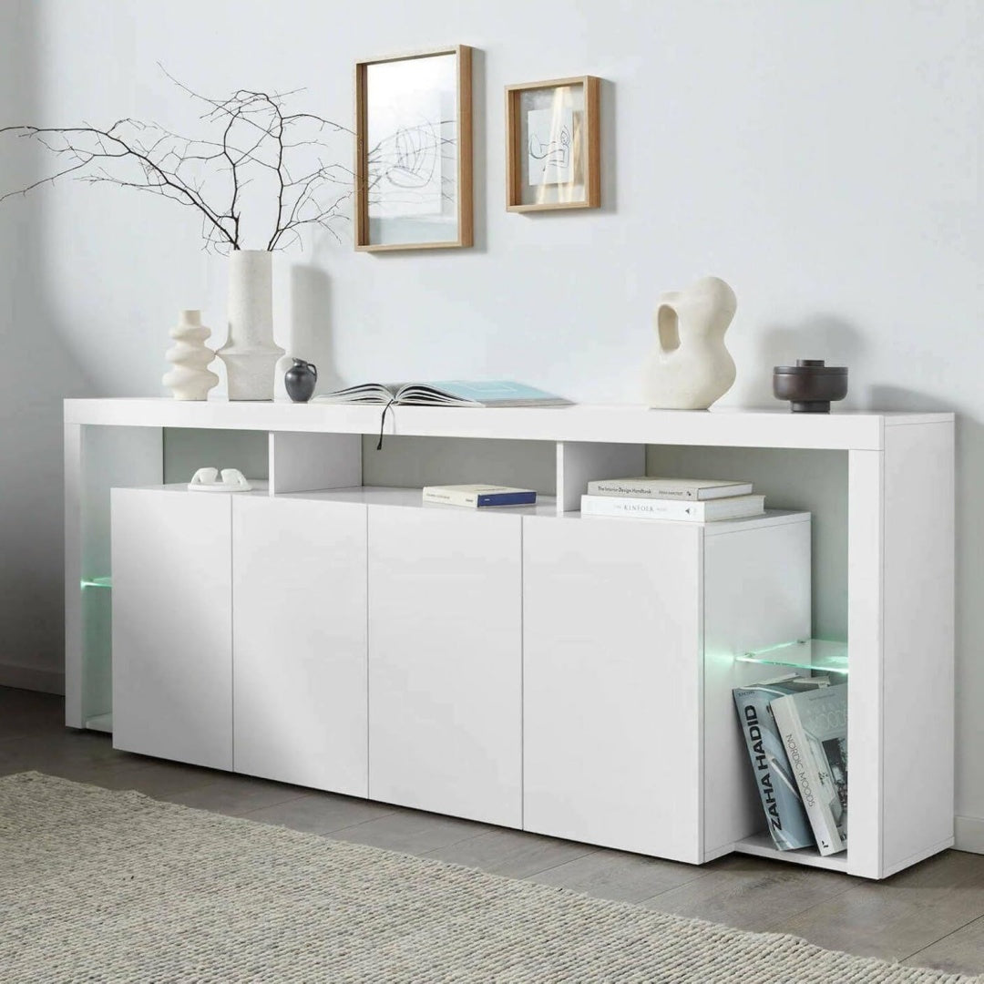 Buffet gris clair, contemporain, rangement pour salle a manger