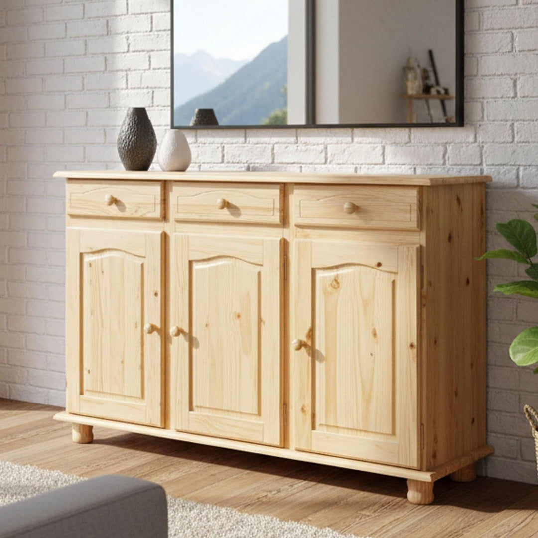 Style vintage, meuble de rangement beige en bois 3 portes 3 tiroirs