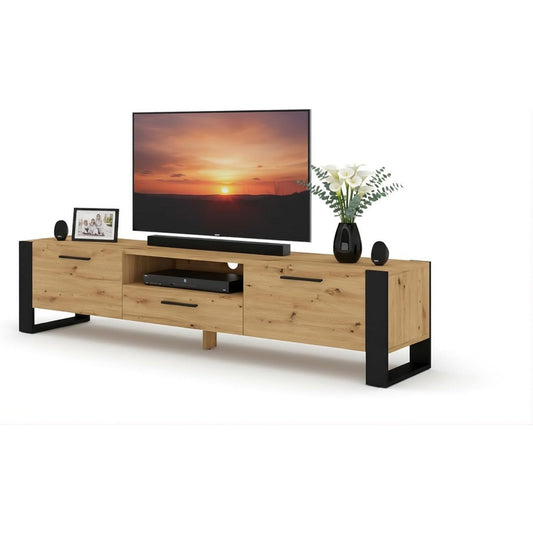 Meuble TV marron finition chene, 200 cm de large a 3 portes