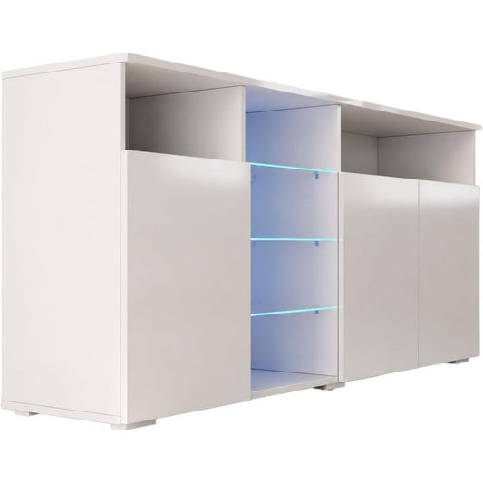 Credence gris clair a 3 portes 3 etageres, style contemporain en verre