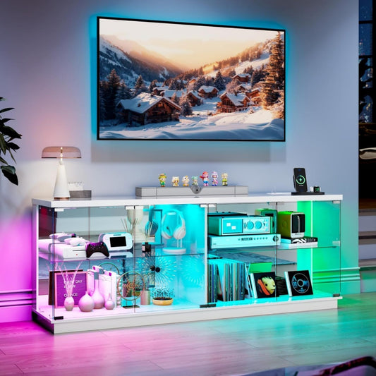 Meuble TV bleu, eclairage LED integre, ports USB integres, rangement elegant