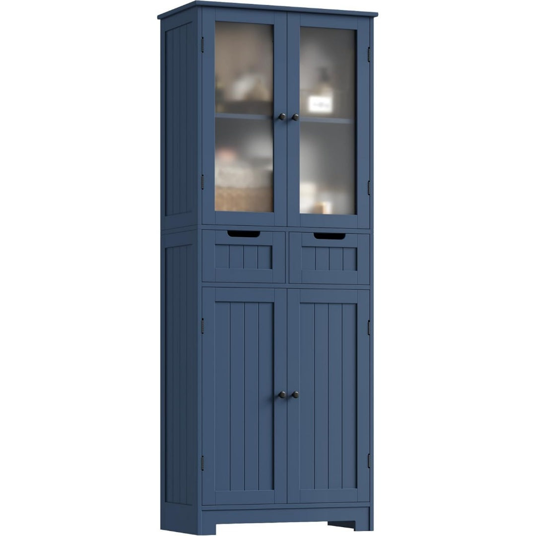 Meuble colonne en verre, bleu fonce, contemporain et rangement pratique