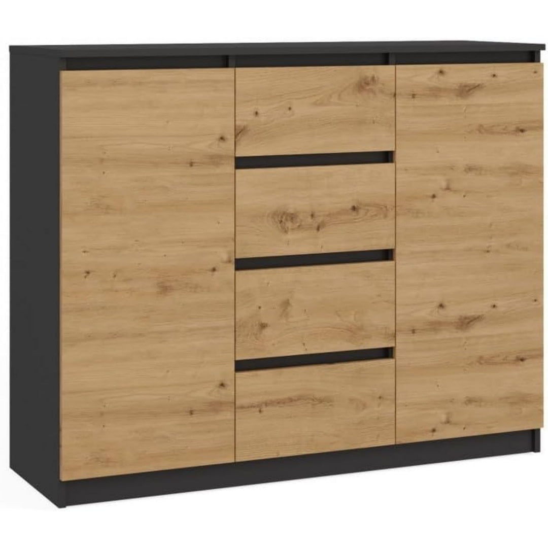Commode 4 tiroirs et 2 portes marron decor chene pour le salon